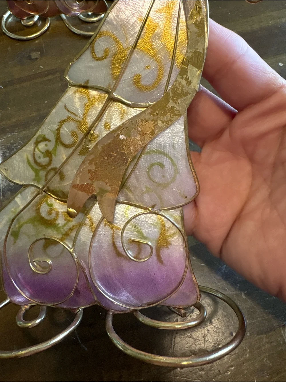 Vintage Holiday Capiz Shell Angel Gold Set 2 Harp Christmas Iridescent Whimsy